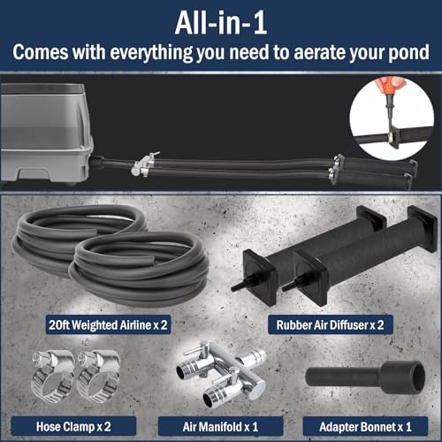 All-in-1 Koi Pond Aeration Kit Pond Air Pump with Self-Sinking Airline Rubber Air Diffuser, Air Flow Control Pond Aerator for Outdoor Pond 5,000-10,000 Gallons
