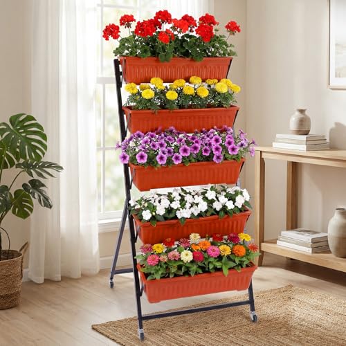 2 Pack 5 Tier Vertical Garden Planter with Wheels 4.5 ft Raised Garden Bed for Strawberry Herb Vegetable Flower Stackable Planter Boxes with Drainage for Patio Indoor Outdoor (14 Count)