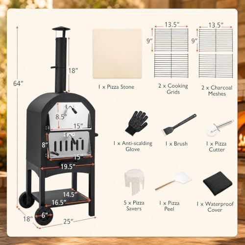 Outdoor Pizza Oven Wood Fired with Wheels & Built