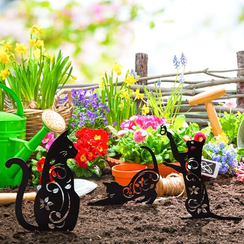 4 Pack Black Cat Silhouette Cute Metal Cat Garden Statues Bird Repellent Decorative Garden Stakes for Yard (4 Count)