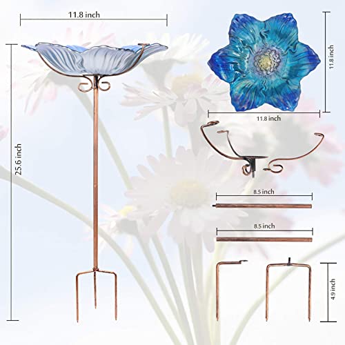 Glass Bird Bath Outdoor Birdfeeder Blue Flower Bowl with Metal Stake