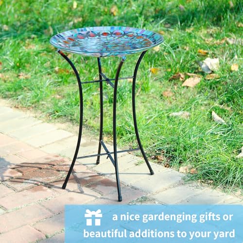 Mosaic Glass Bird Baths with Metal Stand for Garden Decor