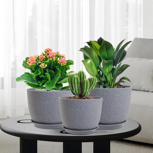 10/9/8 inch Plant Pots, Set of 3 Modern Decorative Plastic Planters with Drainage Holes and Saucers for Garden House Plants, Flower Pots for Indoor Outdoor Plants, Speckled Grey (3 Count)