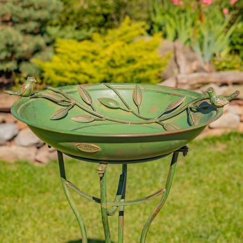 Deep Well Made Metal Birdbath with 2 Cast Iron Birds and Leaf Decoration (Verdi Green)