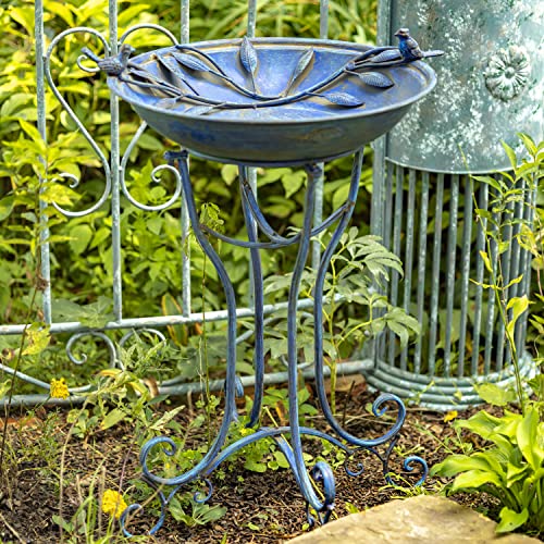 Deep Well Made Metal Birdbath with 2 Cast Iron Birds and Leaf Decoration