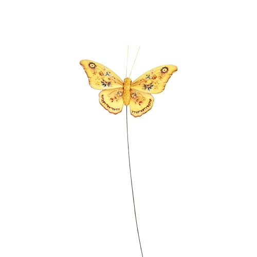 Artificial Feather 3D Butterfly Party Decorations Set of 12 with Wire 6 Color Yellow Series Ornaments for Home Decoration (E Wire)