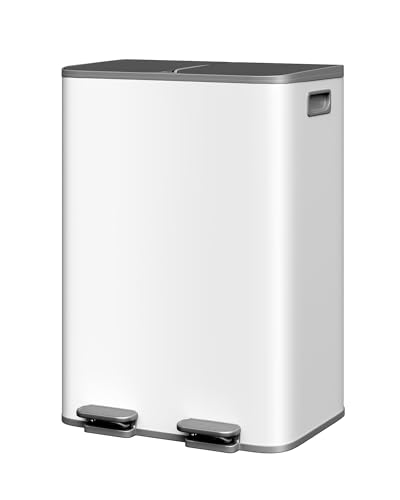 2 x 8 gal Stainless Steel Double Trash Can with Lid for Kitchen (Grayish-White / 2 x 8 Gallon)