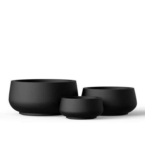 Set of 3 Black Concrete Shallow Planters 21.6" 16.9" 12.5" Dia (Black / 21.6",16.9",and 12.5" Dia)