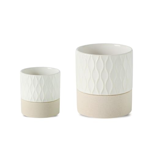Ceramic Self Watering Plant Pot for Indoor Plants (Cream White & Brown Net / 4.5"+6" Self Watering)
