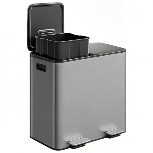 2 x 10.6 gal Stainless Steel Double Trash Can with Lid for Kitchen (Matte Grey / 2 x 10.6 Gallon)