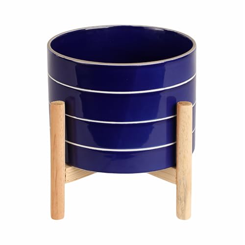 Striped Ceramic Planters with Wooden Stand for Home Decor Flower Pots for Entryway