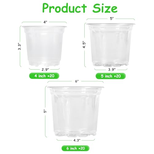 60 Pack 6/5/4Inch Clear Nursery Pots with Drainage Holes, Clear Plant Pot for Planting, Transparent Plastic Plant Pots,Durable Seed Starting Pot for Succulents (4/5/6Inch-60Pack)