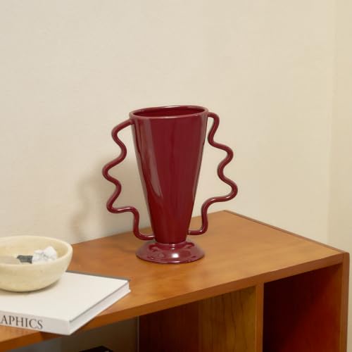 Red Rotary Vase Medieval Flower Vessel Living Room Entrance Personalized Simple Wabi Sabi Decorative Ornament Ceramic Ornament (Red)