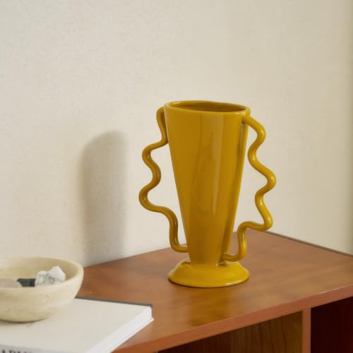 Yellow Rotary Vase Medieval Flower Vessel Living Room Entrance Personalized Simple Wabi Sabi Decorative Ornament Ceramic Ornament (Yellow)