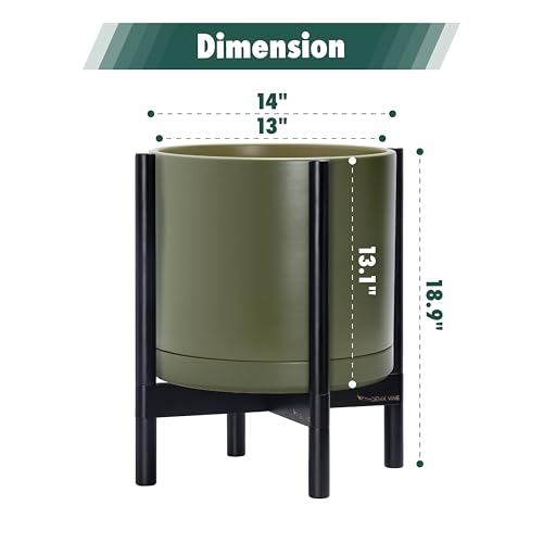Ceramic Pot with Ebony Wood Stand (14 Inch / Olive Pot + Ebony Stand)