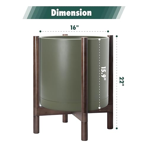 Plastic Pot with Walnut Wood Stand (Olive Pot + Walnut Color Stand / 16 Inch)