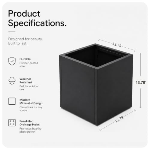 Galvanized Steel Metal Square Planter for Indoor Outdoor 1Set (Black / 13.8"H×13.8"W×13.8"L)