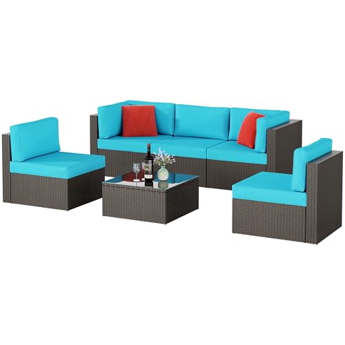 6 Pieces Patio Furniture Set Outdoor Couch Wicker Sectional Sofa (Blue / 6 pcs)
