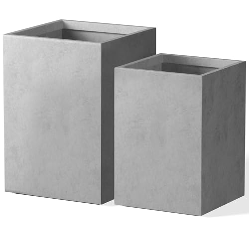 2 Pack 19" 16" Tall Square Pale Gray Concrete Planters Home & Outdoor (Natural Concrete / 18.5" H, 15.7" H)