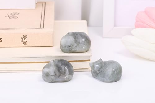 Labradorite Cat Healing Crystals Figurine Sleeping Cat Hand Carved Cute Statue Polished Stone Sculpture Reiki Office Room Bedroom Desk Home Decoration Gifts 1.6" (P-labradorite)