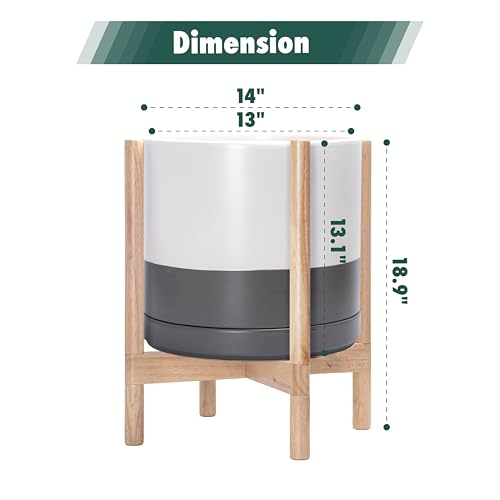 Ceramic Pot with Natural Wood Stand (14 Inch / White/Grey Pot + Natural Stand)