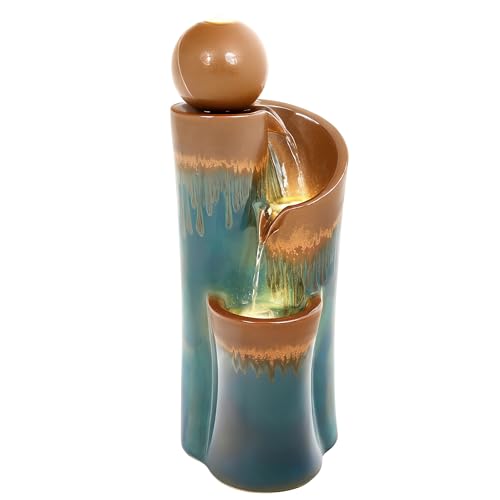 32" Ceramic Outdoor Water Fountain w (Teal & Copper Drip Glaze 32"h-sphere)