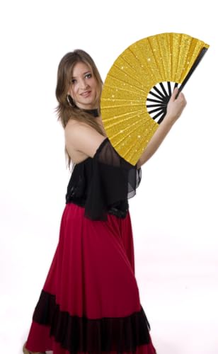 2 Pack Glitter Large Folding Hand Fans for Line Dancing (2 Gold)