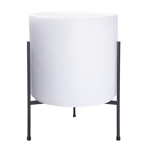 Cylinder Planter Pot with Metal Stand (X-Large 14 Inch / White)