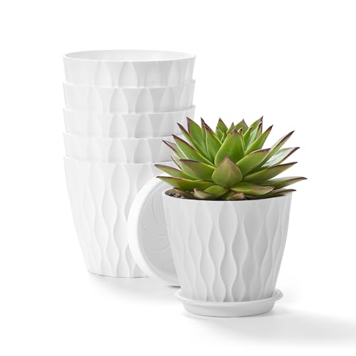 6-Pack 6-Inch Plastic Plant Pots with Saucers | Thickened PP Material, Modern Wave Texture, Enhanced Drainage for Indoor/Outdoor Garden Plants | White Value Set (White)