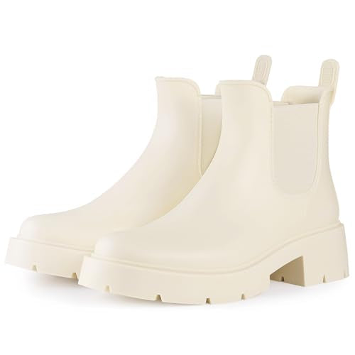 Women's Ankle Rain Boots Waterproof Chelsea Boots (10 / Platform Beige)