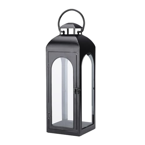16 Inches Metal and Tempered Glass Candle Lantern (Black-m / 16 Inch)
