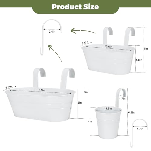 3 Different Size Metal Iron Hanging Flower Pots 10 Pcs for Outdoor Plants Metal Hanging Bucket Pots Iron Railing Fence Planter with Drainage Holes and Hooks for Porch Railing Balcony Fence (White)