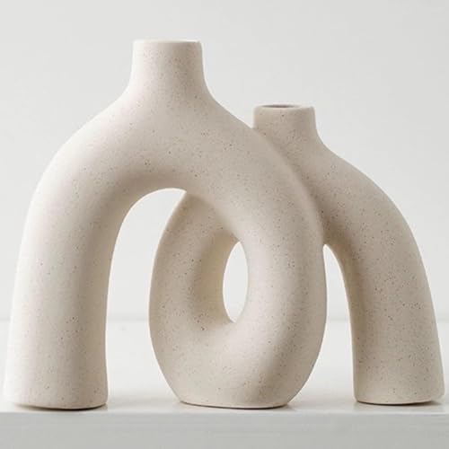 Hug Donut Ceramic Vase Set for Flower or Home Decor (Large Cream White)