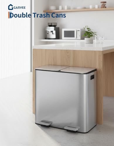 2 x 8 gal Stainless Steel Double Trash Can with Lid for Kitchen (Stainless Steel / 2 x 8 gallon)