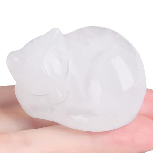 Clear Quartz Cat Healing Crystals Figurine Sleeping Cat Hand Carved Cute Statue Polished Stone Sculpture Reiki Office Room Bedroom Desk Home Decoration Gifts 1.6" (Q-clear Quartz)