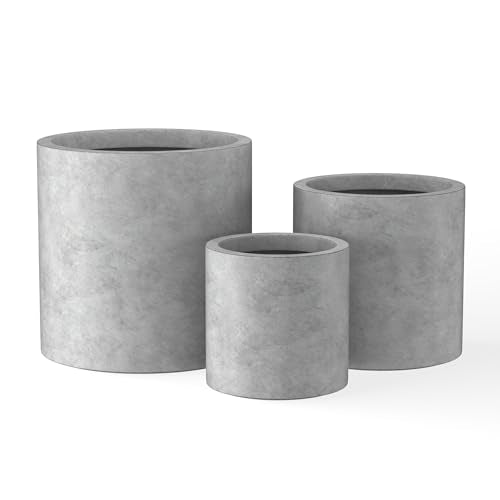 Set of 3 Pale Gray Concrete Cylinder Planters 15.8" 12.9" 9.8" Dia (Natural Concrete / 9.8",12.6",15.7" Dia)