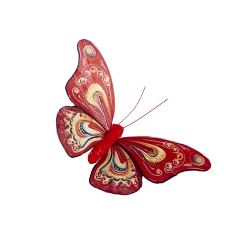 Artificial Feather 3D Butterfly Party Decorations Set of 12 with Clip 6 Color Red Series Ornaments for Christmas Tree (F Clip)