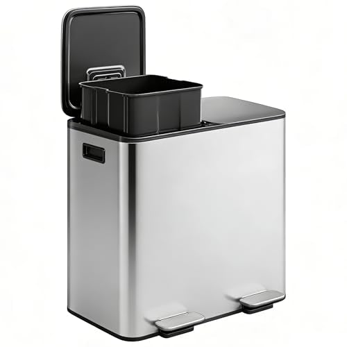2 x 8 gal Stainless Steel Double Trash Can with Lid for Kitchen (Stainless Steel / 2 x 8 gallon)