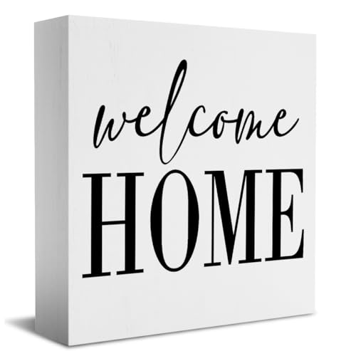 Welcome Home Sign Home Decor Desk Decor Wooden Box Sign Rustic Black Wood White Plaque Box Sign for Women Family Friends Farmhouse Living Room Kitchen Bedroom Shelf Table Decoration (white1136)