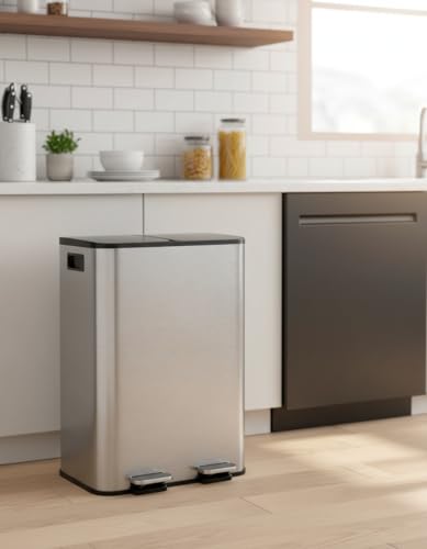 2 x 8 gal Stainless Steel Double Trash Can with Lid for Kitchen (Stainless Steel / 2 x 8 gallon)