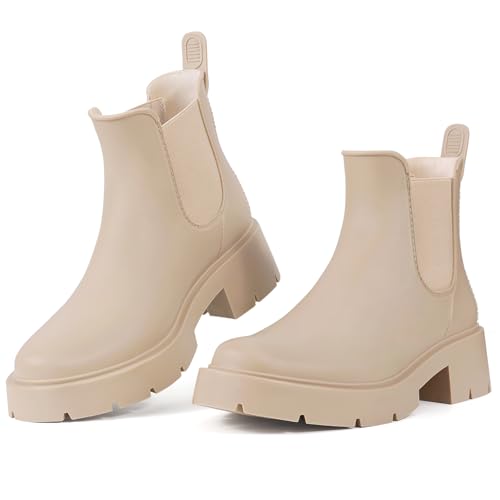Women's Ankle Rain Boots Waterproof Chelsea Boots (9-9.5 / Platform Nude)