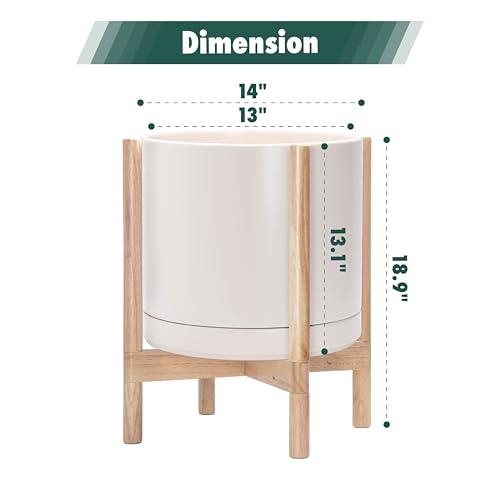 Ceramic Pot with Natural Wood Stand (14 Inch / Oatmeal Pot + Natural Stand)