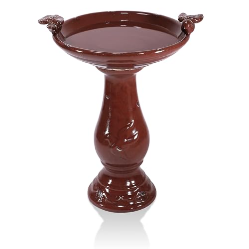 25" Tall Outdoor Antique Ceramic Birdbath with 2 Bird Figurines (Red)