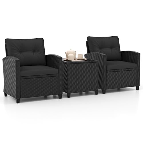 3 Pieces Wicker Patio Conversation Set (Black & Black)