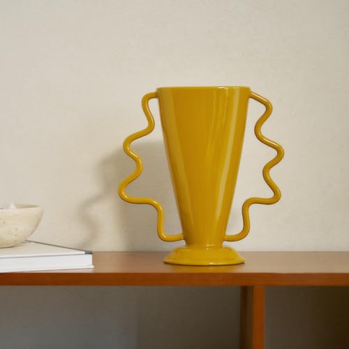 Yellow Rotary Vase Medieval Flower Vessel Living Room Entrance Personalized Simple Wabi Sabi Decorative Ornament Ceramic Ornament (Yellow)