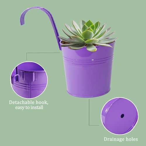 10 Pack 6" Colorful Metal Hanging Railing Planters with Detachable Hooks (Round - 5.9 Inch)