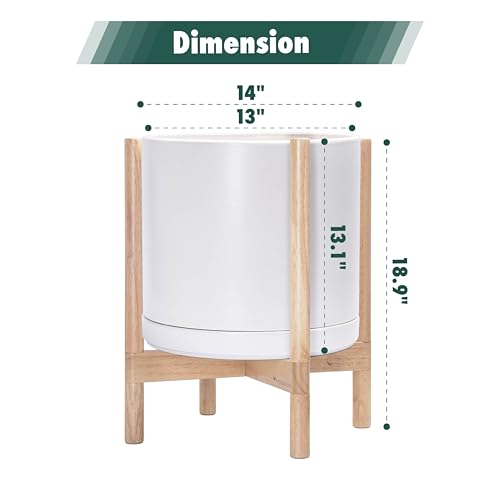 Ceramic Pot with Natural Wood Stand (14 Inch / White Pot + Natural Stand)