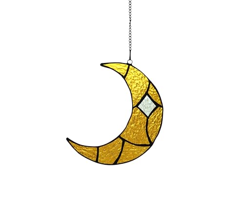 Yellow Moon Stained Glass Window Haninging Handcrafted Art Suncatchers (Yellow Moon)