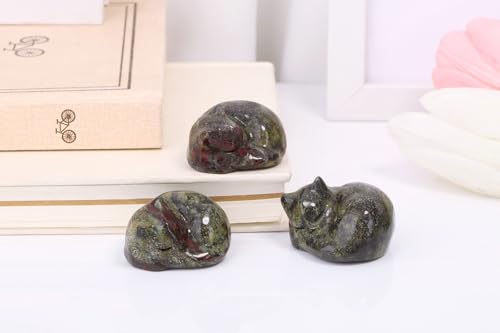 Dragon Blood Cat Healing Crystals Figurine Sleeping Cat Hand Carved Cute Statue Polished Stone Sculpture Reiki Office Room Bedroom Desk Home Decoration Gifts 1.6" (M-dragon Blood)