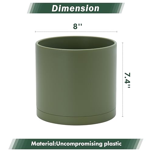 Plastic Planter Pot with Saucer (8 Inch / Olive)
